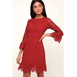 Lulu's Flair-est of Them All Red Lace Flounce Sleeve Dress Red XS